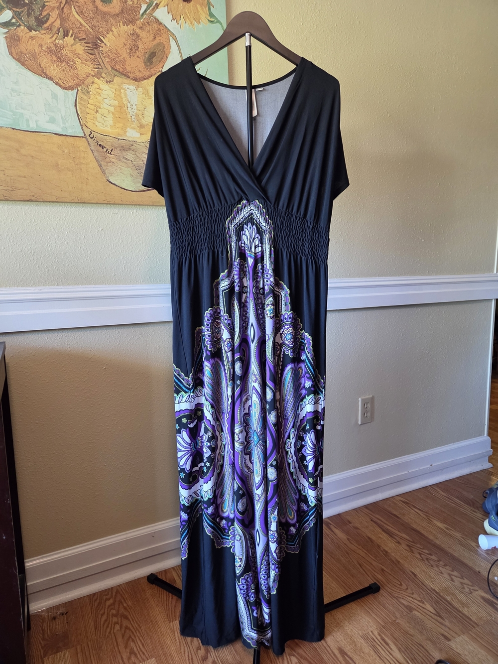 Black Maxi Dress with Purple Paisley Print